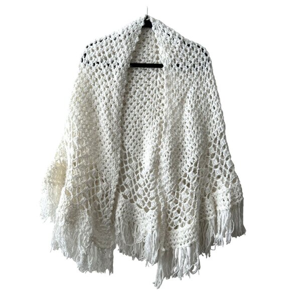 Handmade Crochet White Shawl With Tassels Cozy & Elegant Perfect For Layering Wr - Picture 1 of 2